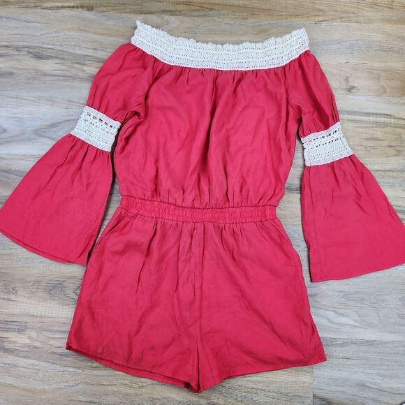 🍑Cals Coral & Cream Long Bell Sleeve Romper Shorts Large - Picture 2 of 12